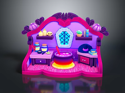 Magical Witchcraft Workbench Scene With Purple Frame Cauldron Jars And Pumpkin Decorations 3d model