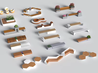 Outdoor Chairs Various Modern Designs With Wooden Frames And Potted Plants 3d model