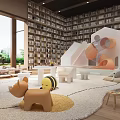 Book Art Inspired Children's Library Interior With Bookshelves Slide Teepee And Toys
