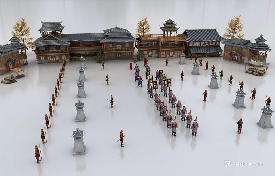 Many People in Traditional Chinese Architectural Scene with Ancient Buildings and Stone Monuments 3d model 