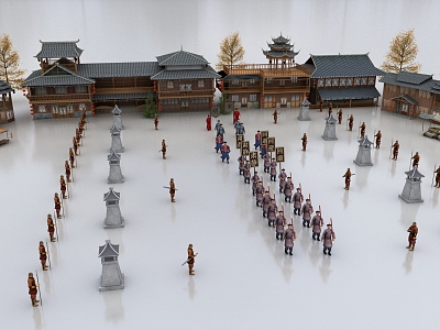 Ancient Soldiers Ancient Architecture Combination Ancient People Trees City Wall Officials Soldiers Yamen Ancient Architecture Food Stall Ginkgo Tree 3d model