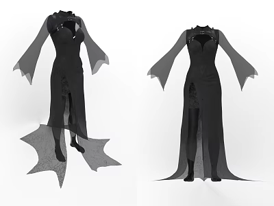 Elegant Black Dress With Flowy Long Sleeves And Unique Design Details 3d model