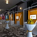 Elegant Modern Hotel Lobby Interior With Chandeliers Colorful Booths And Patterned Carpet