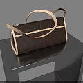 Stylish Dark Brown Handbag With Beige Decorative Stripes And Handles On Gray Table