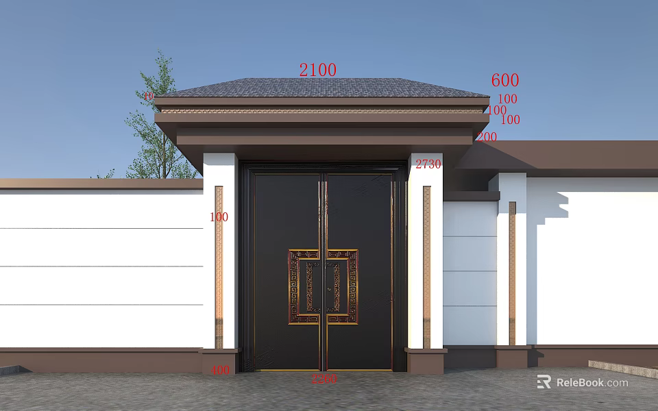 Traditional Chinese Style Main Gate With Black Double Doors And White Walls 3d model 