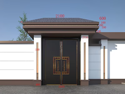 Traditional Chinese Style Main Gate With Black Double Doors And White Walls 3d model