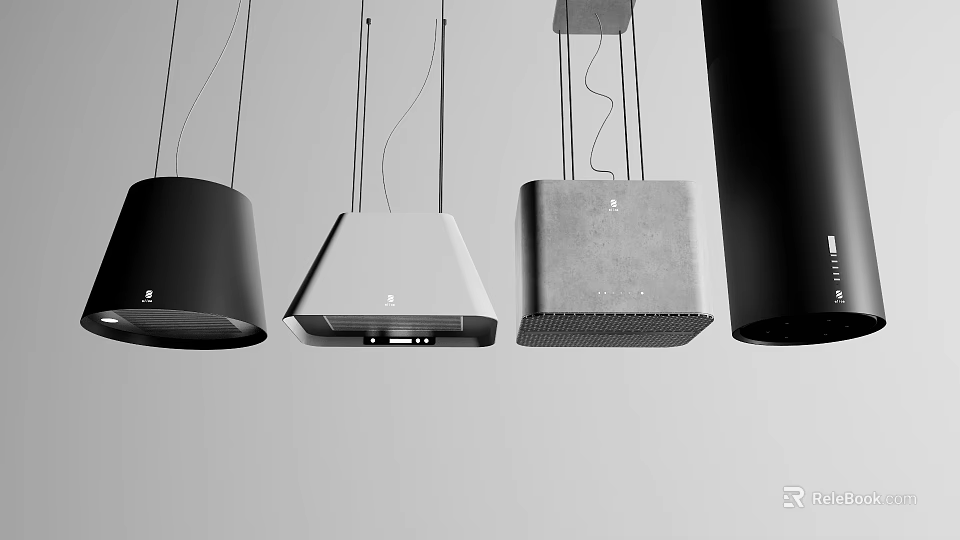 Kitchen Appliances Modern Range Hoods with Various Designs and Colors Hanging 3d model 