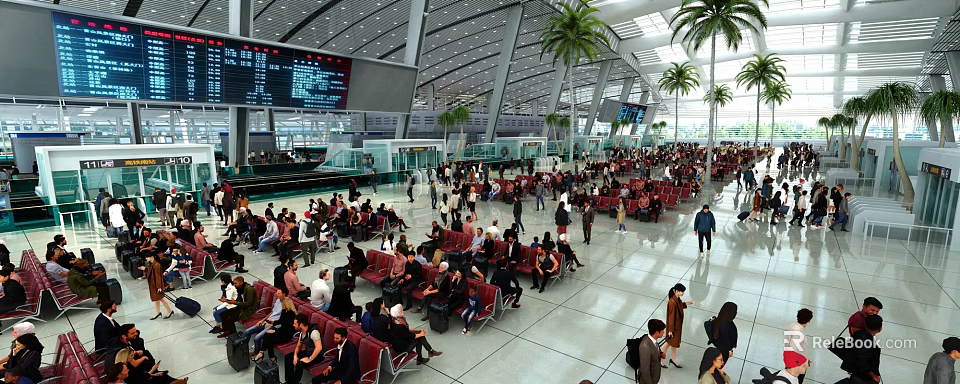 Contemporary Railway Station Exterior With Transparent Roof Palm Trees And Digital Displays 3d model 