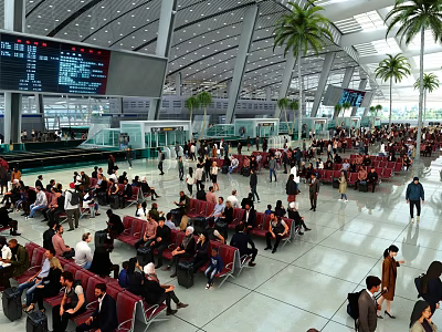 Contemporary Railway Station Exterior With Transparent Roof Palm Trees And Digital Displays 3d model