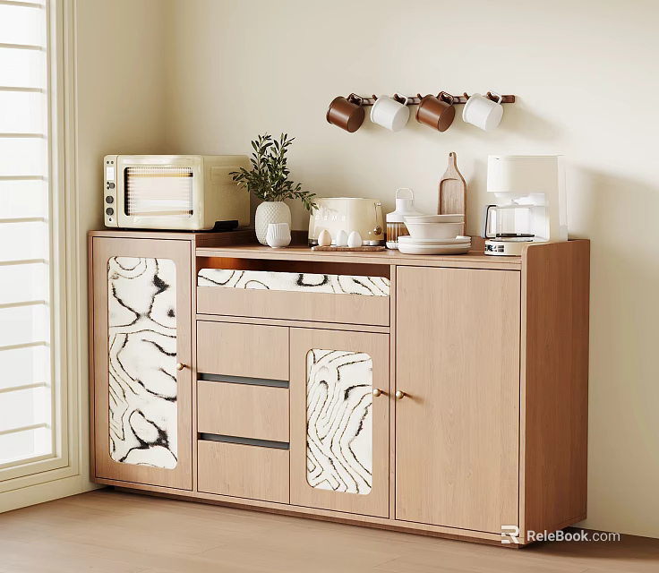 Wooden Sideboard With Marble Patterned Panels Microwave Coffee Machine Mug Holder And Potted Plant 3d model 