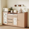 Wooden Sideboard With Marble Patterned Panels Microwave Coffee Machine Mug Holder And Potted Plant