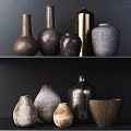 Ceramic Vessels Displayed On Dark Shelves With Various Shapes Textured Surfaces And Neutral Tones