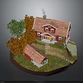 Modern House Model Scene With Red Roof Building And Colorful Trees On Lawn