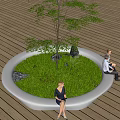 Tree Planter with Circular Bench Grass Stones and People Sitting on Wooden Deck