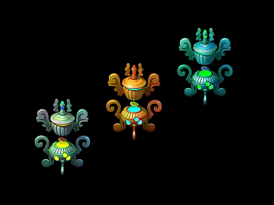 Three Colorful Decorative Ornaments with Intricate Curved Patterns and Ornate Tops 3d model