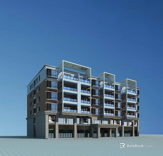 Modern Multi Storey Residential Building With Glass Balconies And Stone Exterior 3d model 