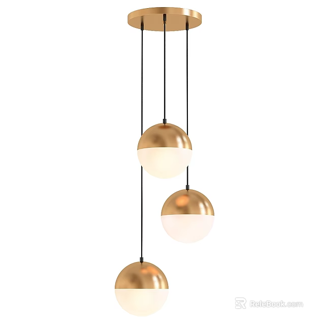 Three Stylish Gold Spherical Pendant Lights With White Lampshade Modern Design 3d model 