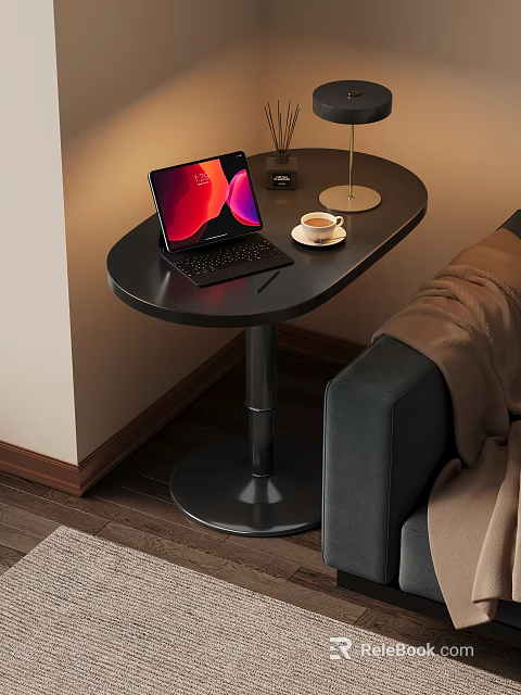Modern Black Side Table With Laptop Coffee Cup And Table Lamp Near Sofa 3d model 