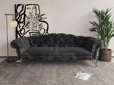Dark Tufted Velvet Two Seater Sofa With Floor Lamp Green Plant And Abstract Painting 3d model