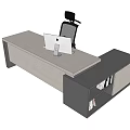 Modern Office Desk With Light Colored Desktop Black Storage Cabinet Computer Monitor And Office Chair