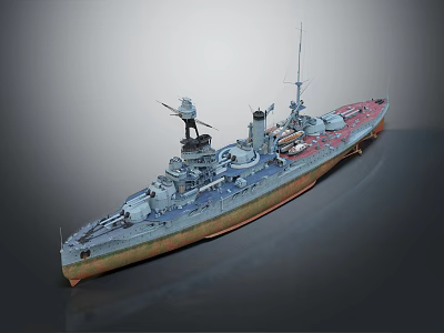 Vintage Warship Model Showcasing Classic Naval Design with Detailed Turrets Masts and Red Deck 3d model