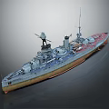 Vintage Warship Model Showcasing Classic Naval Design with Detailed Turrets Masts and Red Deck