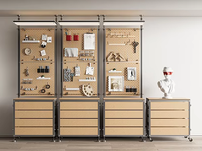 Pegboard Shelving Unit with Drawers Organized Tools Documents Small Items and Mannequin Head 3d model