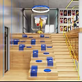Modern Shopping Mall Store Interior Featuring Transparent Display Cases Figurines Yellow Counter And Circular Lights