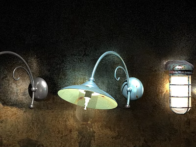 Vintage Industrial Wall Lamps With Different Designs Metal Finish And Rough Dark Wall 3d model