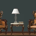 Luxurious Leather Leisure Seating Set With Tufted Back Carved Wood Frame And Side Table Lamp