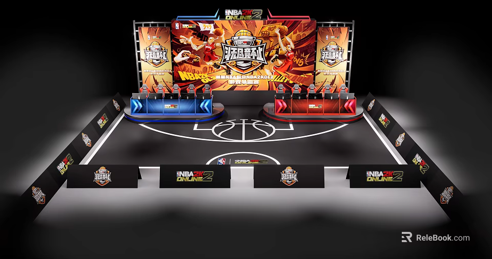 Basketball Game Stage Setup With Blue Red Seats Large Screen And NBA Logo 3d model 