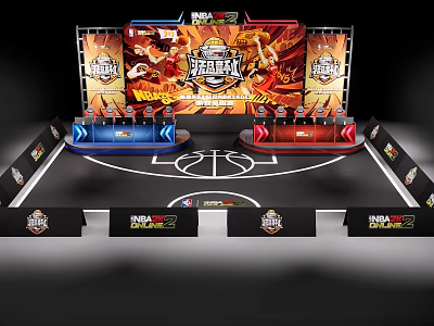 Basketball Game Stage Setup With Blue Red Seats Large Screen And NBA Logo 3d model