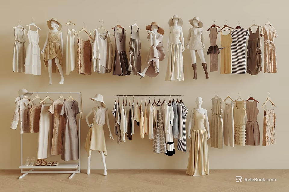Various Fashion Clothes Collection On Mannequins Hangers With Different Styles And Neutral Tones 3d model 