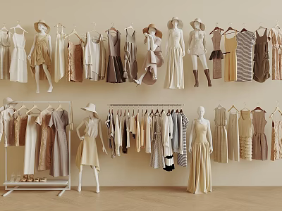 Various Fashion Clothes Collection On Mannequins Hangers With Different Styles And Neutral Tones 3d model