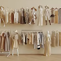 Various Fashion Clothes Collection On Mannequins Hangers With Different Styles And Neutral Tones