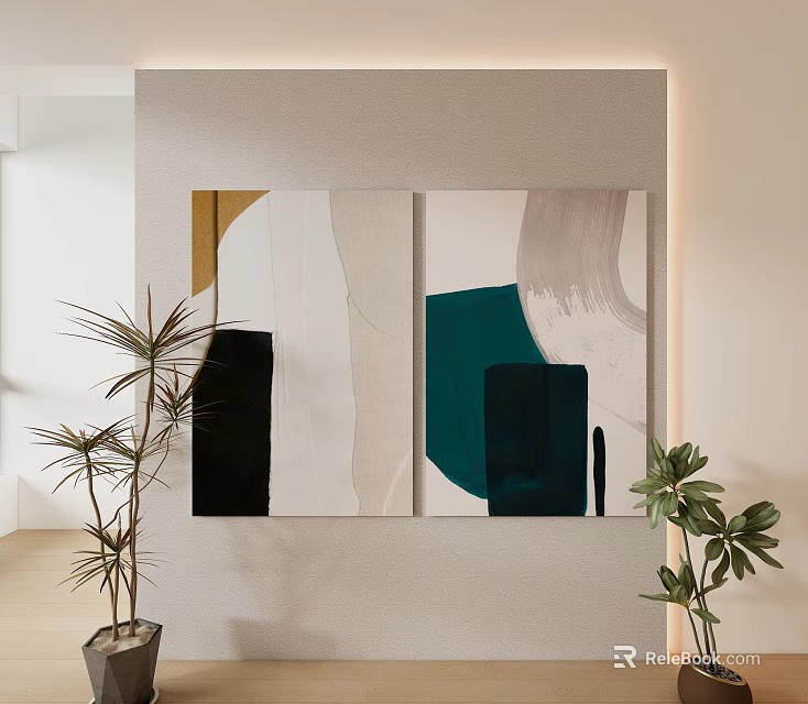 Modern Abstract Painting With Green Black Beige Color Blocks On Interior Wall Decor With Plants 3d model 