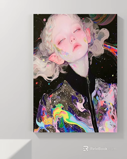 Portrait of Blonde Girl with Pigtails Painted Face Colorful Abstract Jacket Dark Background Sparkling Lights 3d model 