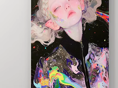 Portrait of Blonde Girl with Pigtails Painted Face Colorful Abstract Jacket Dark Background Sparkling Lights 3d model