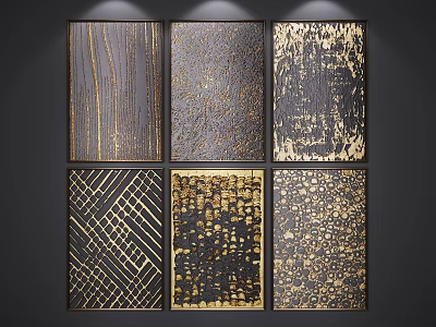 Black And Gold Abstract Paintings With Geometric Patterns Textures And Splatter Wall Art 3d model
