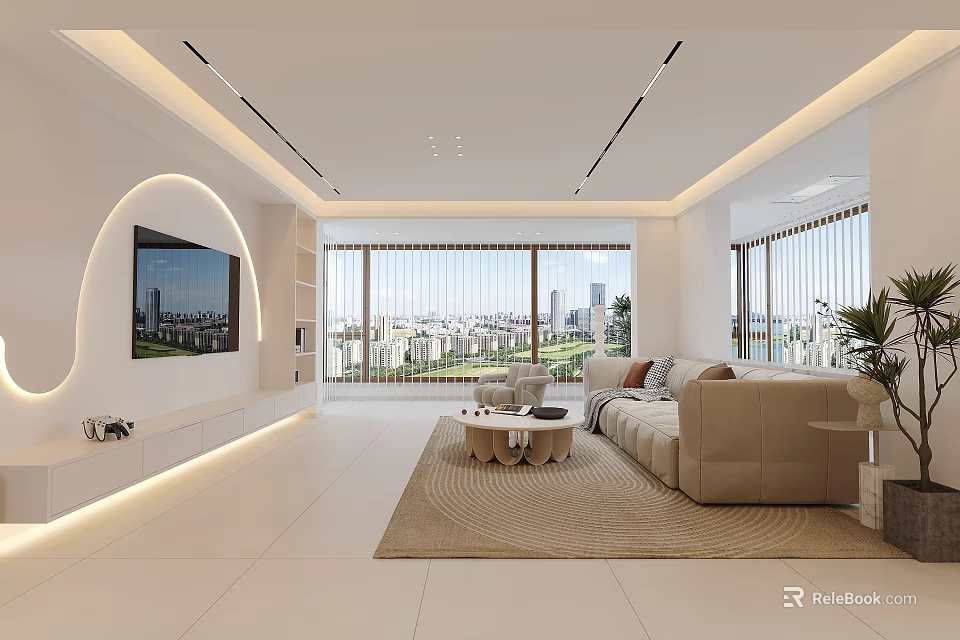 Modern Living Room Interior With Large Windows City View Beige Sofa Rug And Green Plants 3d model 