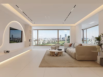 Modern Living Room Interior With Large Windows City View Beige Sofa Rug And Green Plants 3d model