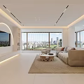 Modern Living Room Interior With Large Windows City View Beige Sofa Rug And Green Plants