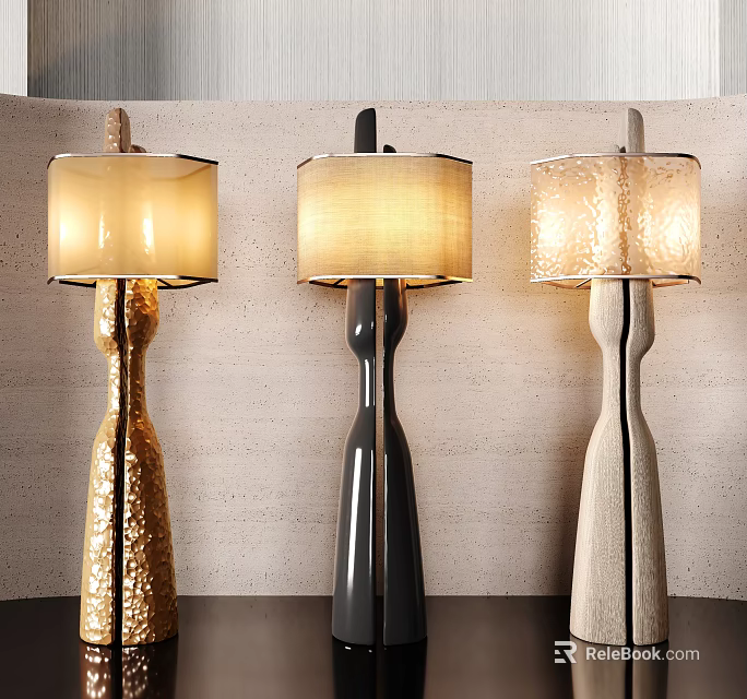 Three Different Colored Floor Lamps With Cylindrical Shades Warm Yellow Lighting On Textured Wall 3d model 