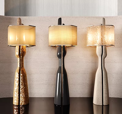 Three Different Colored Floor Lamps With Cylindrical Shades Warm Yellow Lighting On Textured Wall 3d model