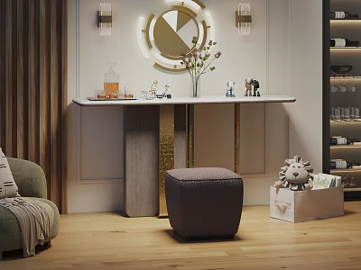 Modern Elegant Entryway Cabinet And Sideboard With Round Mirror Wall Lamps Decorative Vase And Stool 3d model