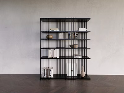 Modern Black Bookshelf with Books Decorative Bowls Vases Against Gray Wall Dark Wooden Floor 3d model