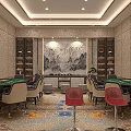 Luxury Mahjong Hall Interior With Multiple Tables Chairs Wine Cabinet Decorative Paintings And Patterned Carpet