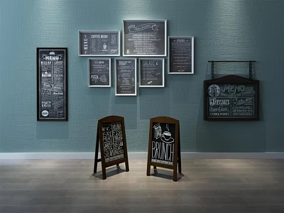 Black Chalkboard Wall Hangings With Text And Patterns On Light Blue Wall 3d model