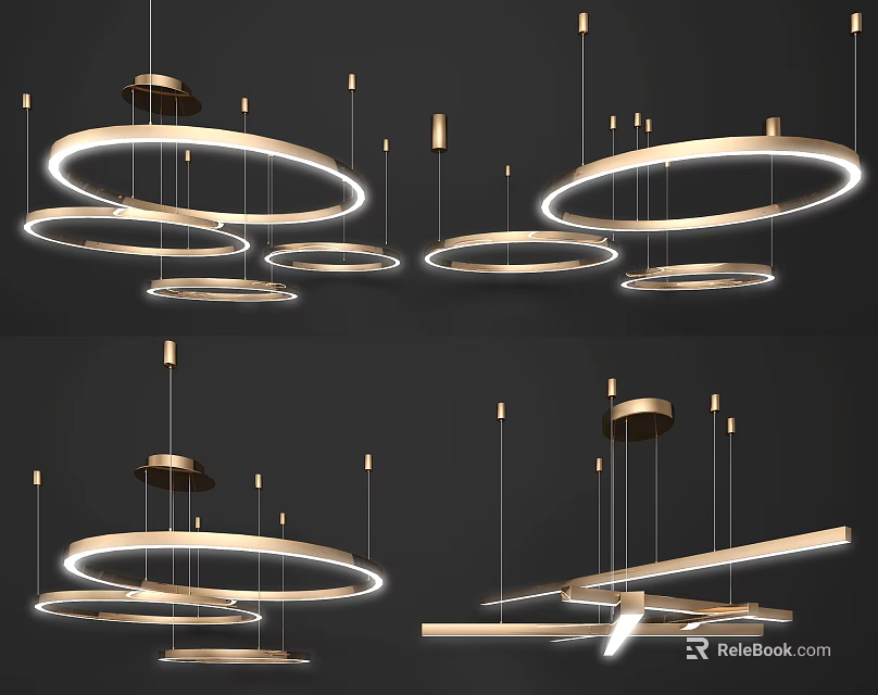 Various Modern Circular Linear Metal Chandeliers For Contemporary Home Lighting Design 3d model 