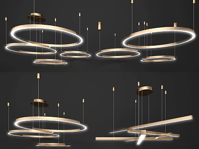 Various Modern Circular Linear Metal Chandeliers For Contemporary Home Lighting Design 3d model